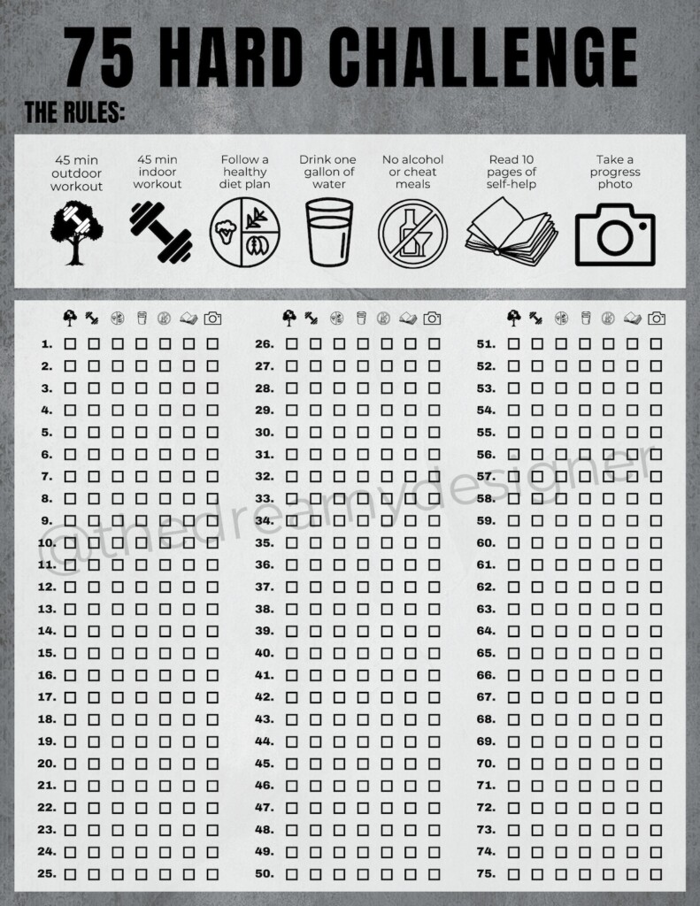 75 Hard Challenge Printable PDF 75 Hard Tracker 75 Hard Checklist 75 