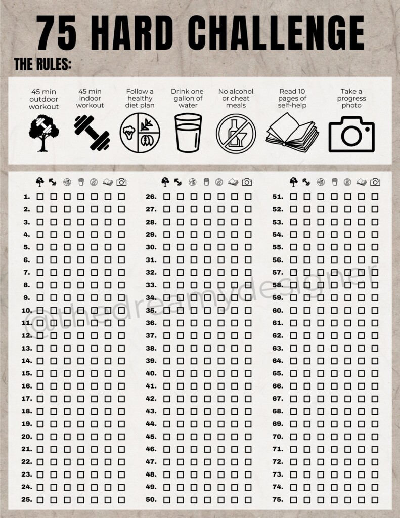 75 Hard Challenge Printable PDF 75 Hard Tracker 75 Hard Checklist 75 
