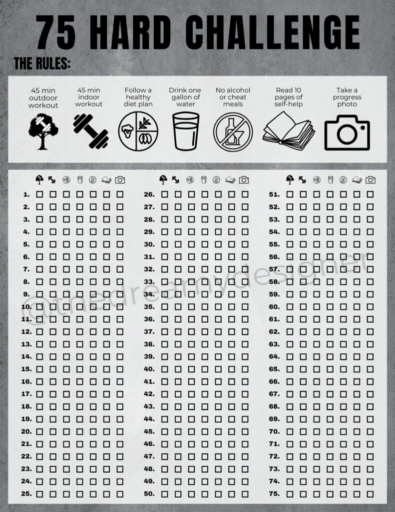 75 Hard Challenge Printable PDF 75 Hard Tracker 75 Hard Checklist 75 