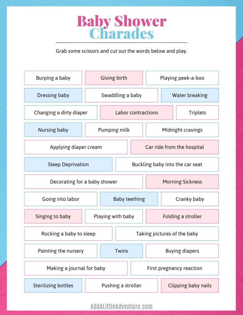 Baby Shower Charades Free Printable 