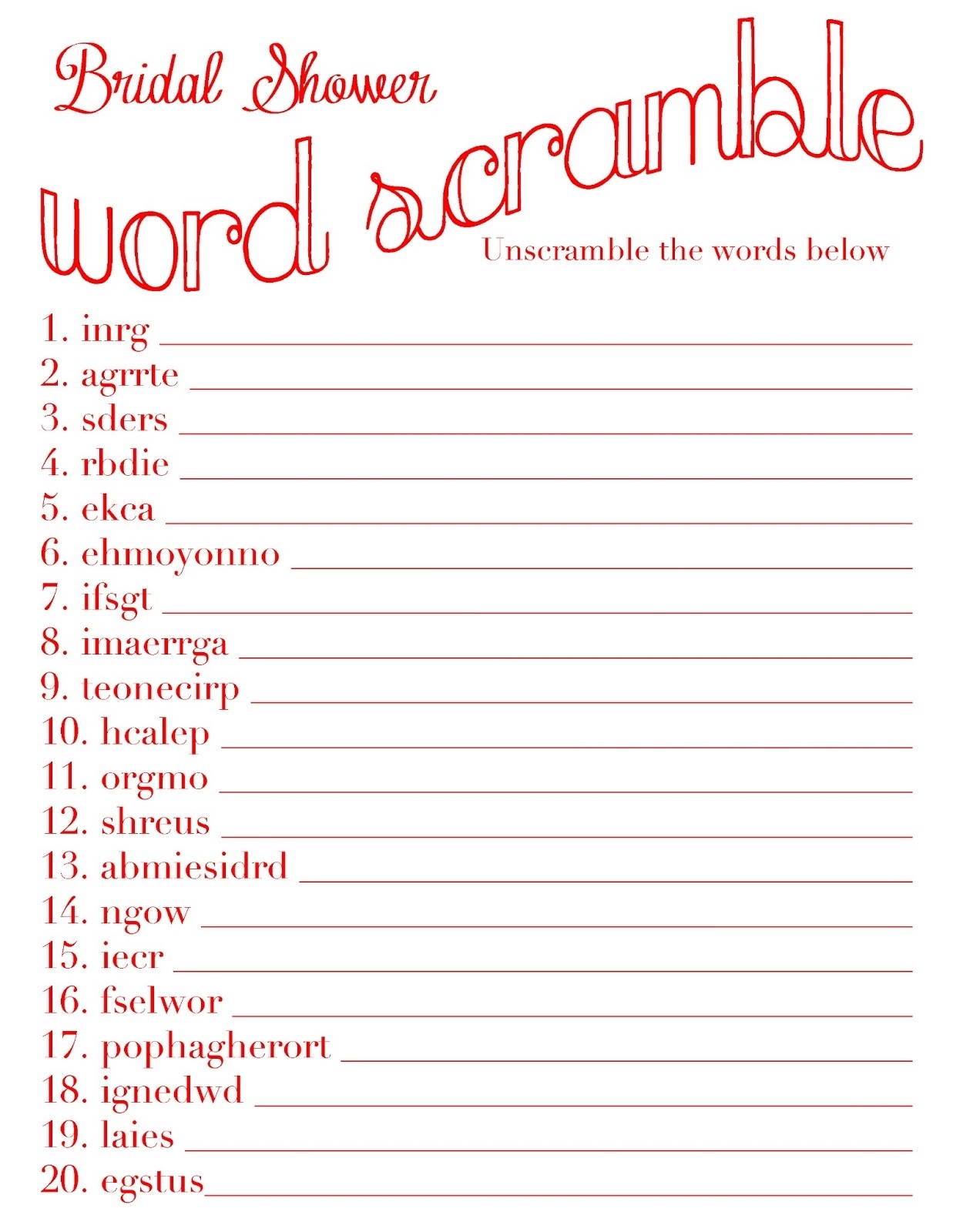 Bridal Word Scramble Bridal Shower Games Printables Bridal Shower