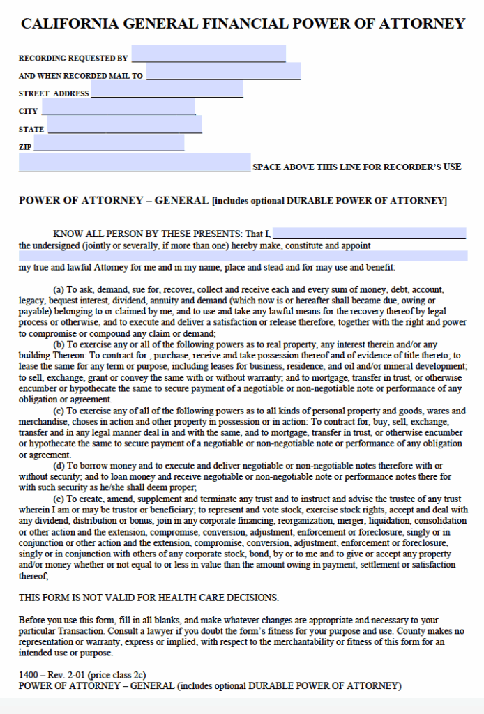 California General Power Of Attorney Fillable Form Printable Forms 