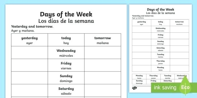 Days Of The Week In Spanish Printable Worksheets