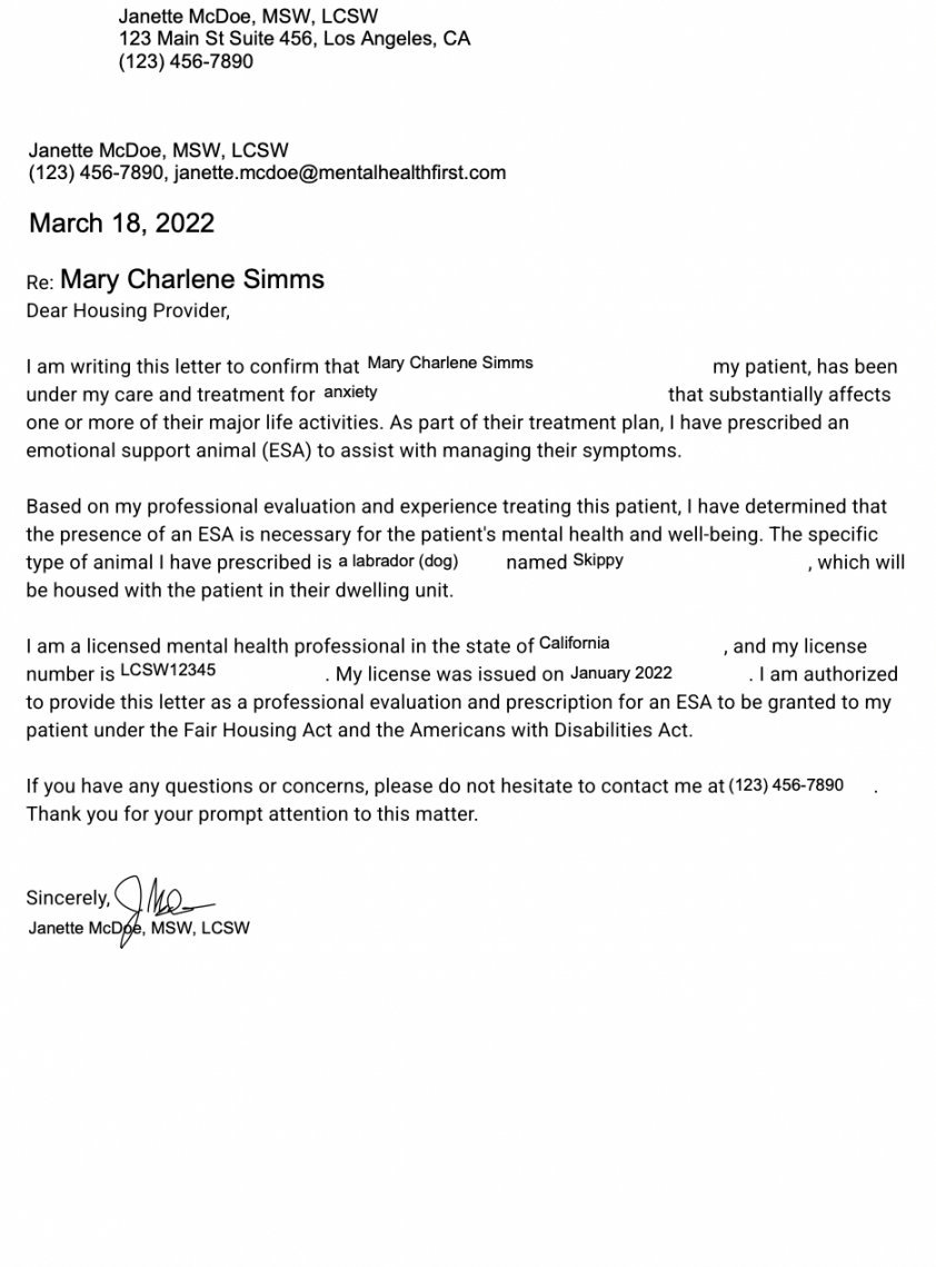 Doctor Printable Free Emotional Support Animal Letter Pdf FREE
