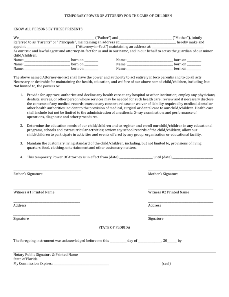 Download Florida Minor Child Power Of Attorney Form PDF Power Of 