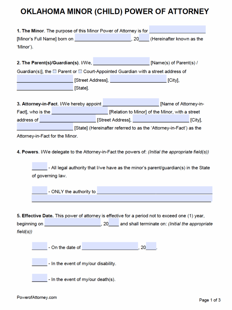 Free Blank Printable Minor Child Medical Power Of Attorney Forms 