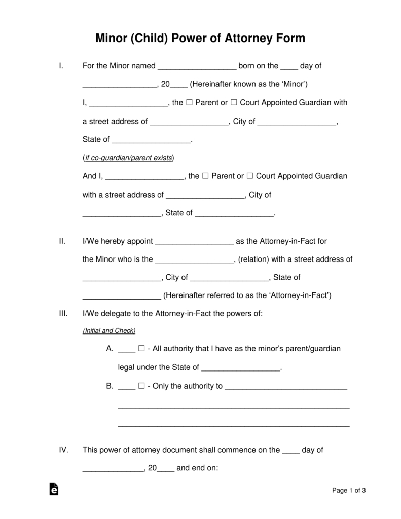 Free Minor Child Power Of Attorney Forms Pdf Word Eforms Free 