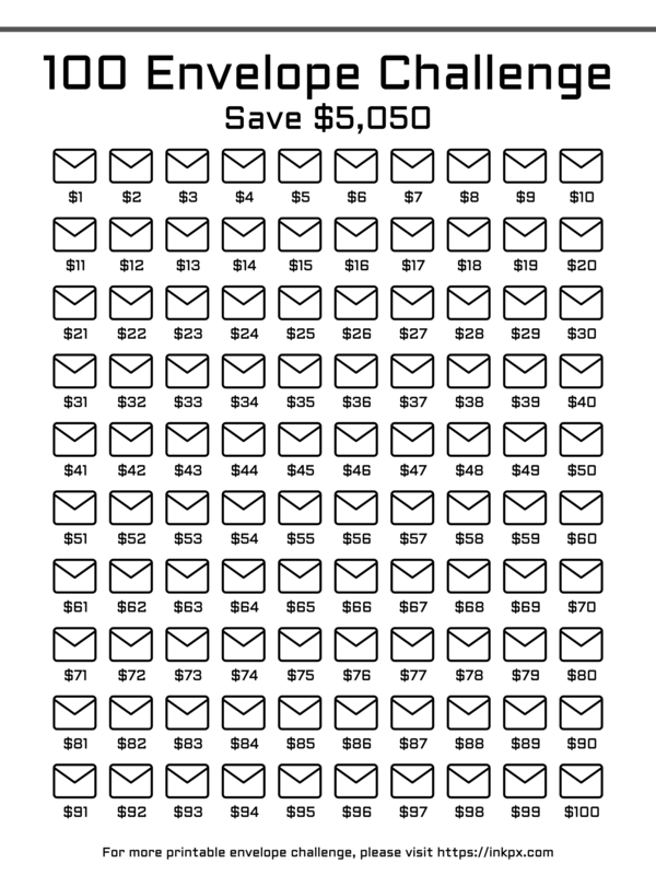Free Printable 100 Envelope Challenge In PDF PNG And JPG Formats InkPx
