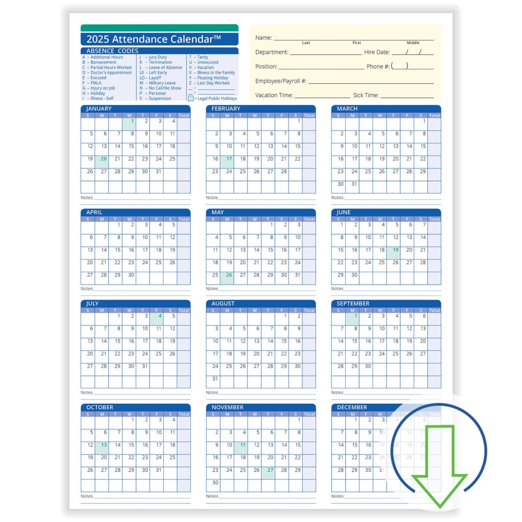 Free Printable 2025 Employee Attendance Calendar Calendars 2025