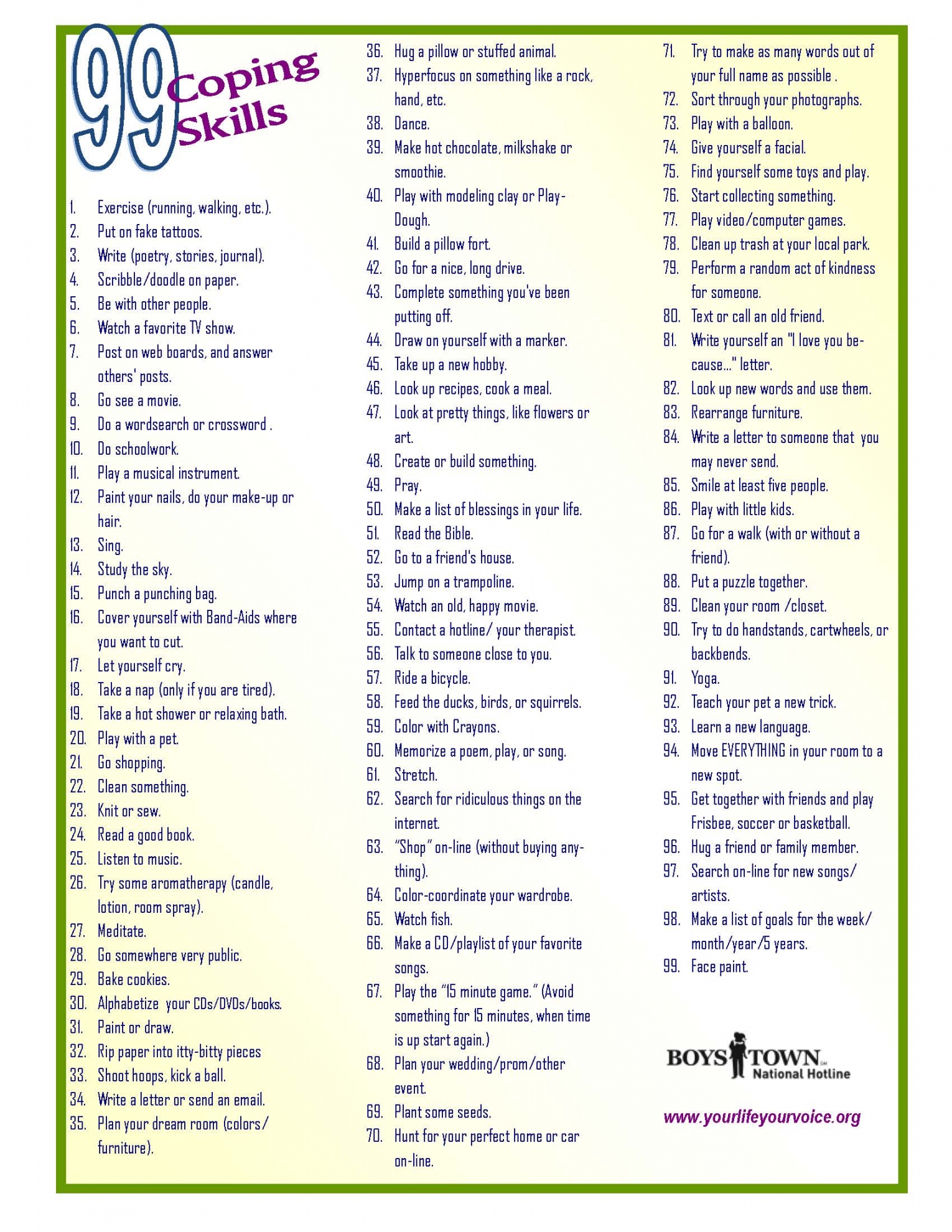 Free Printable Coping Skills Lists FREE Printable HQ