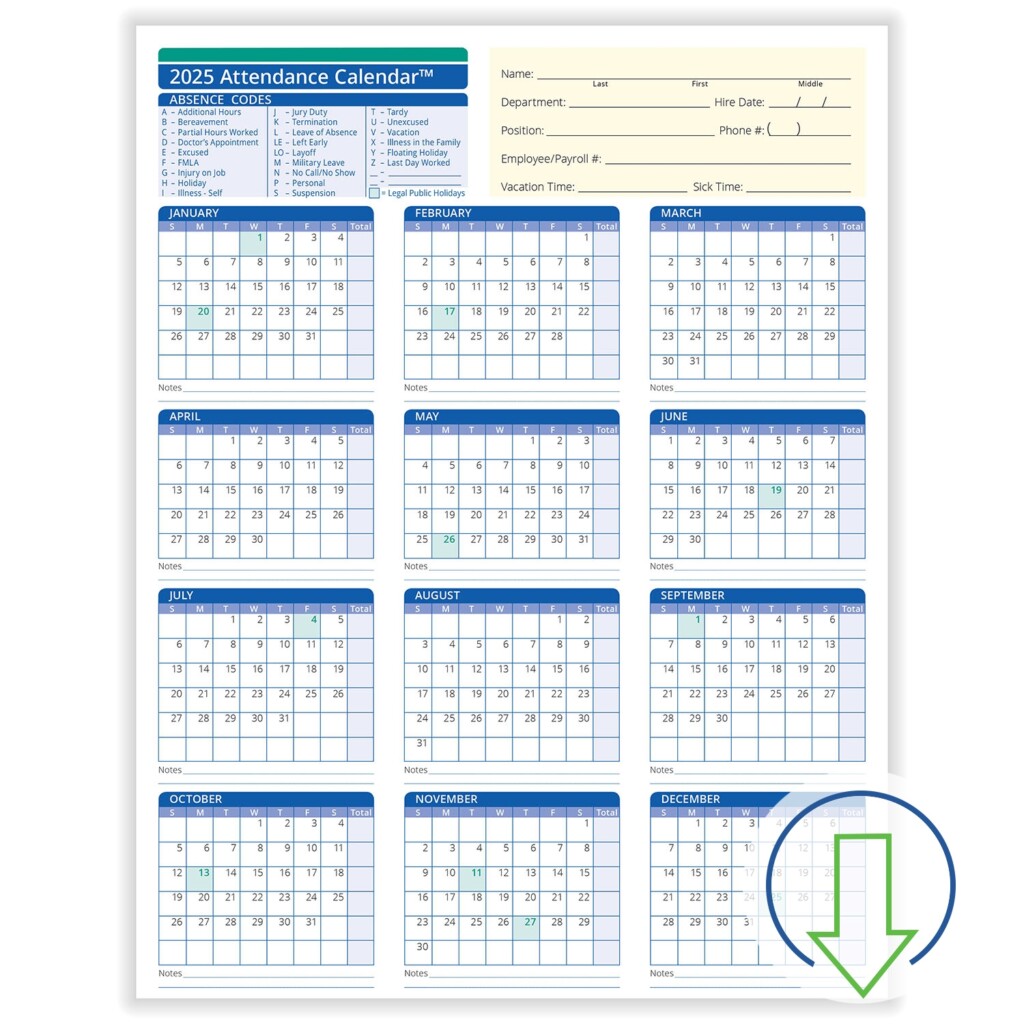 Free Printable Employee Attendance Calendar 2025 Calendar 2025 