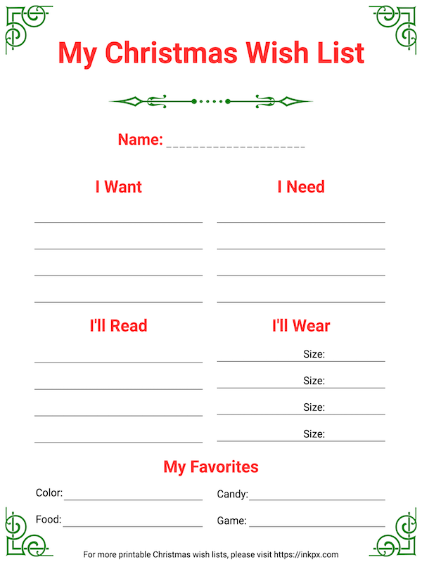 Free Printable Fancy Corner Christmas Wish List Template InkPx