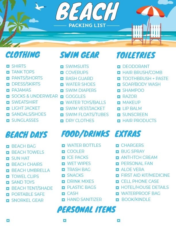 Free Printable Packing List For Family Beach Vacations 55 OFF
