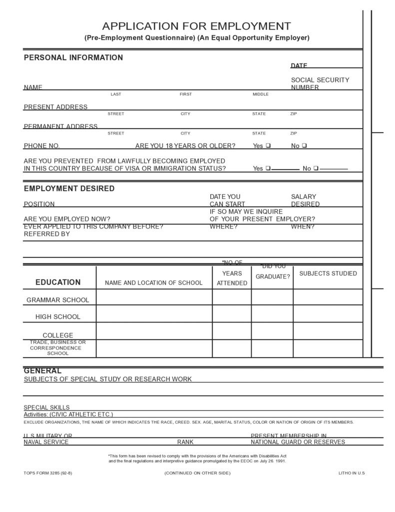 Free Printable Work Applications Printable Application