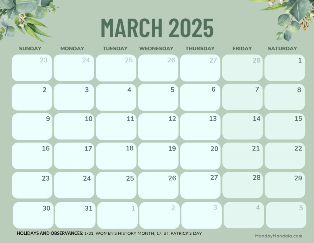 March 2025 Calendar Printable Landscape Design Foremost Notable 