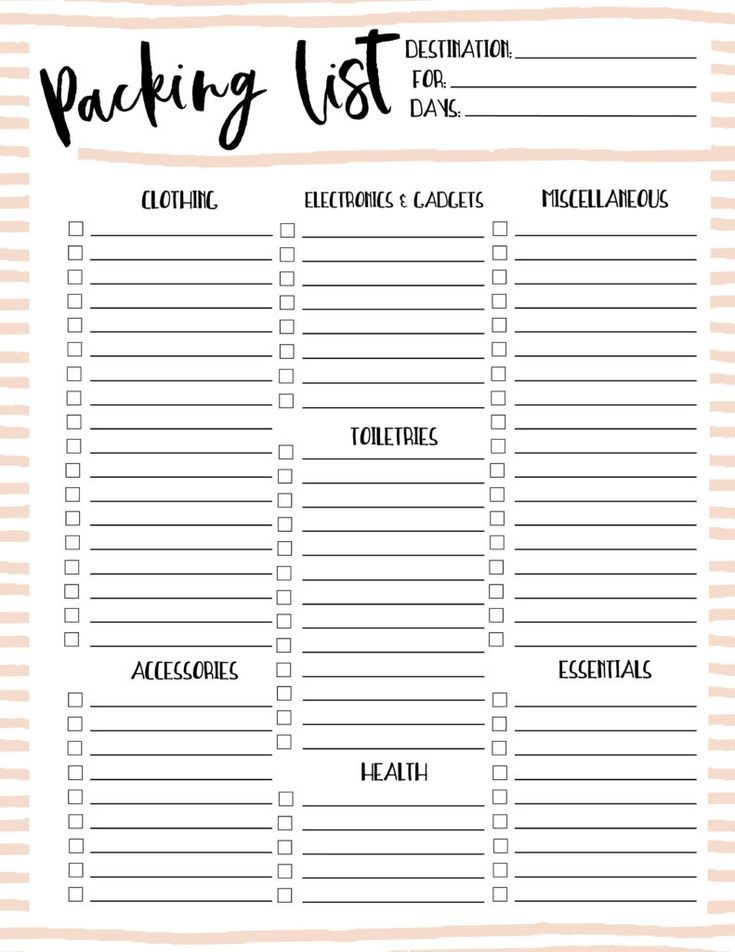 Packing Checklist Template Printable Packing List Travel Packing 