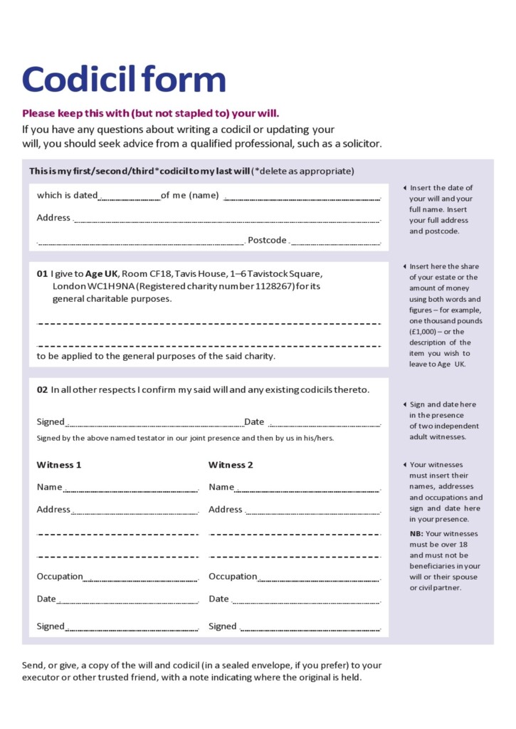 Printable Codicil Form Printable Forms Free Online