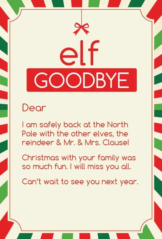 Printable Elf Goodbye Letter Brennan