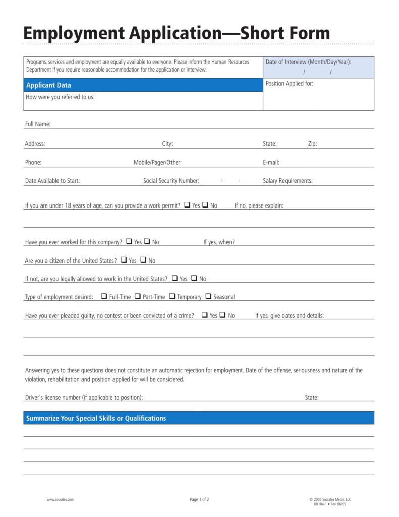 Printable Employment Application Form Printable Form 2024