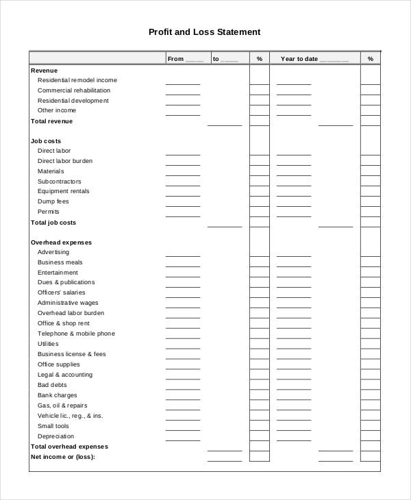 Printable Free Blank Profit And Loss Statement Pdf Free Templates 
