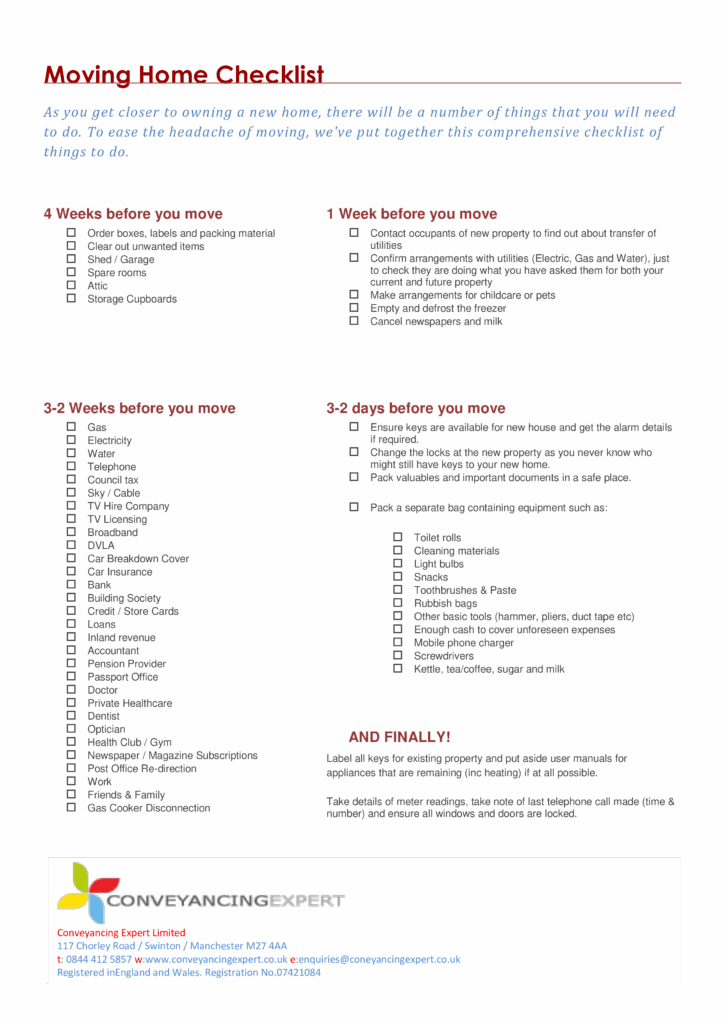 Printable House Moving Checklist Template Printable Free Templates
