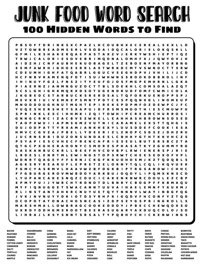 Printable Junk Food Word Search 100 Words Word Seach Free Printable 