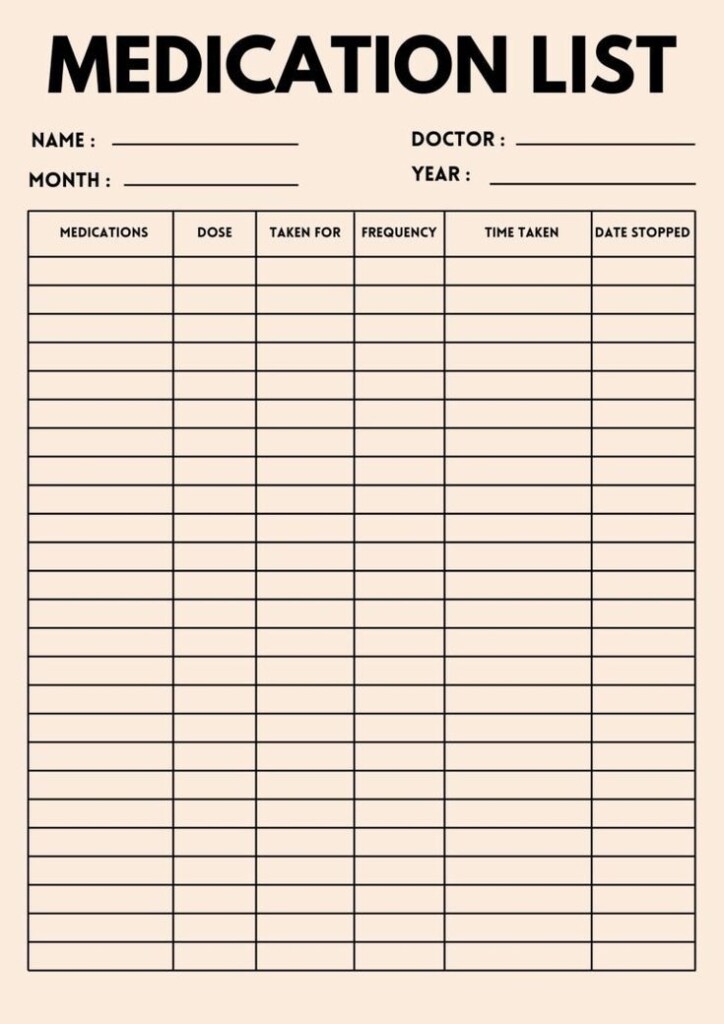 Printable Medication List Templates Medical Printables Medication 