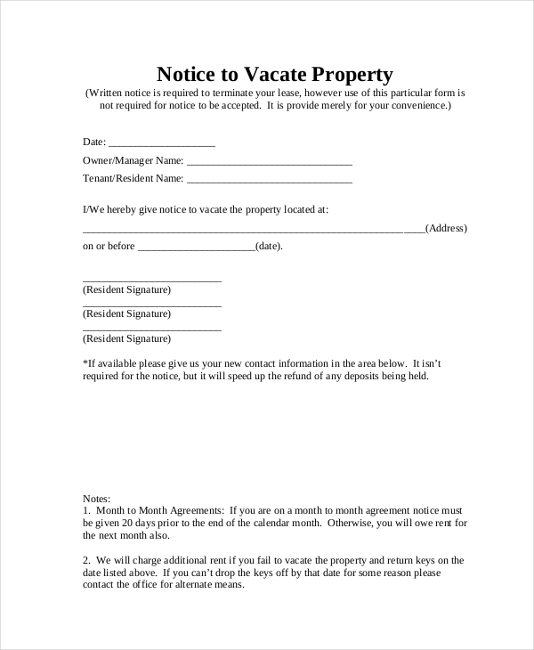 Printable Notice To Vacate Form Printable Forms Free Online