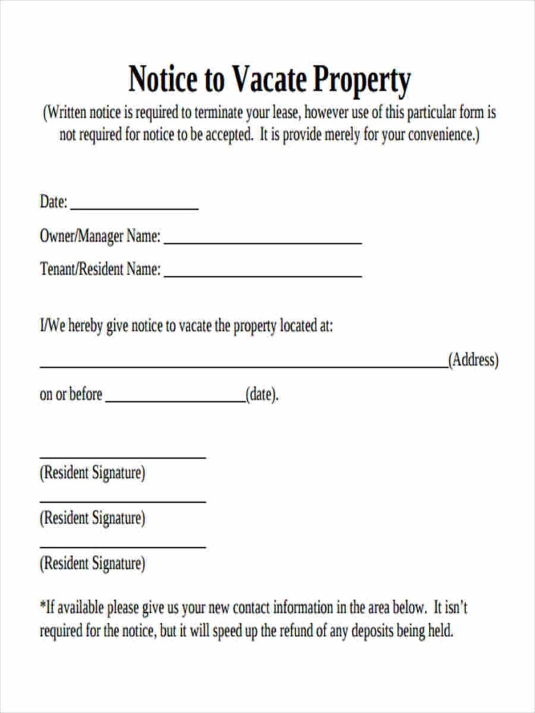Printable Notice To Vacate Form Printable Forms Free Online