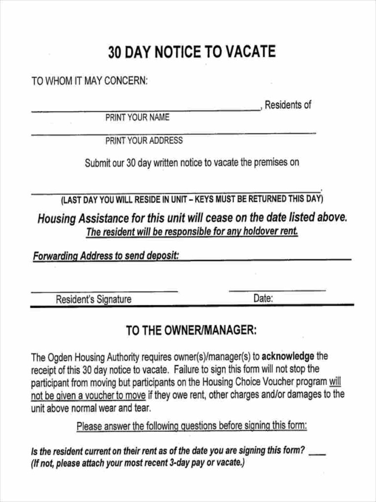 Printable Notice To Vacate Form Printable Forms Free Online