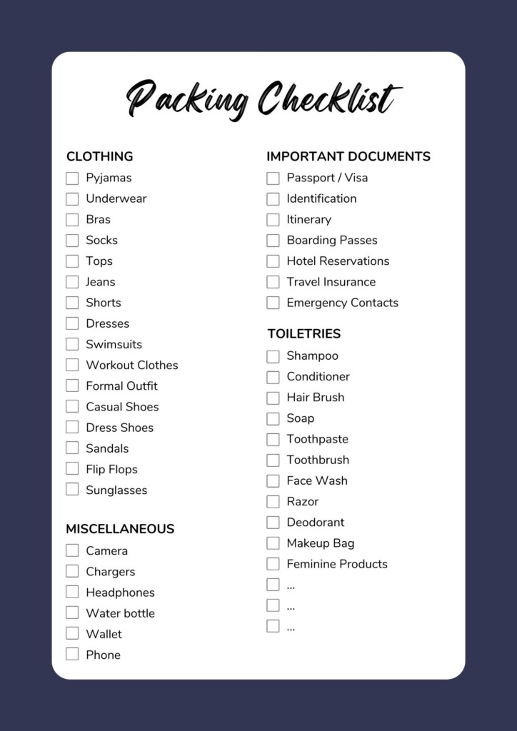 Printable Packing Checklist Blank Vacation Packing List Printable 