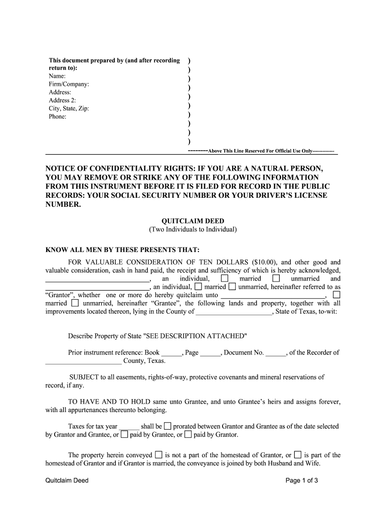 Quitclaim Deed Printable Form Texas Printable Forms Free Online