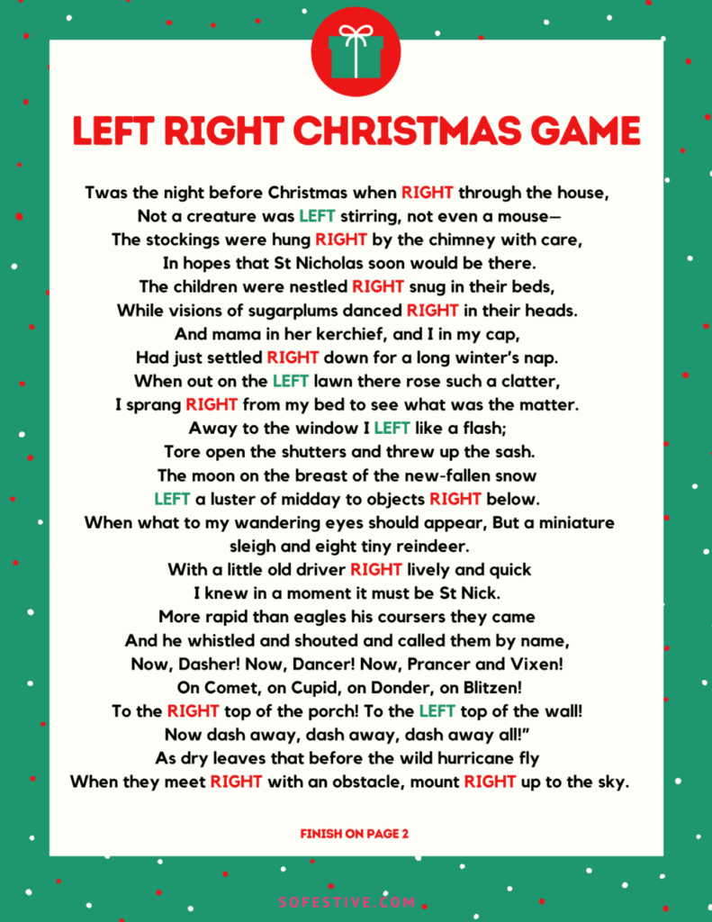 Right Left Christmas Game Printable FREE Printable A Z