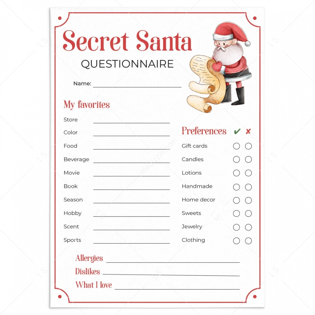 Secret Santa Questionnaire Free Printable FREE Printable HQ