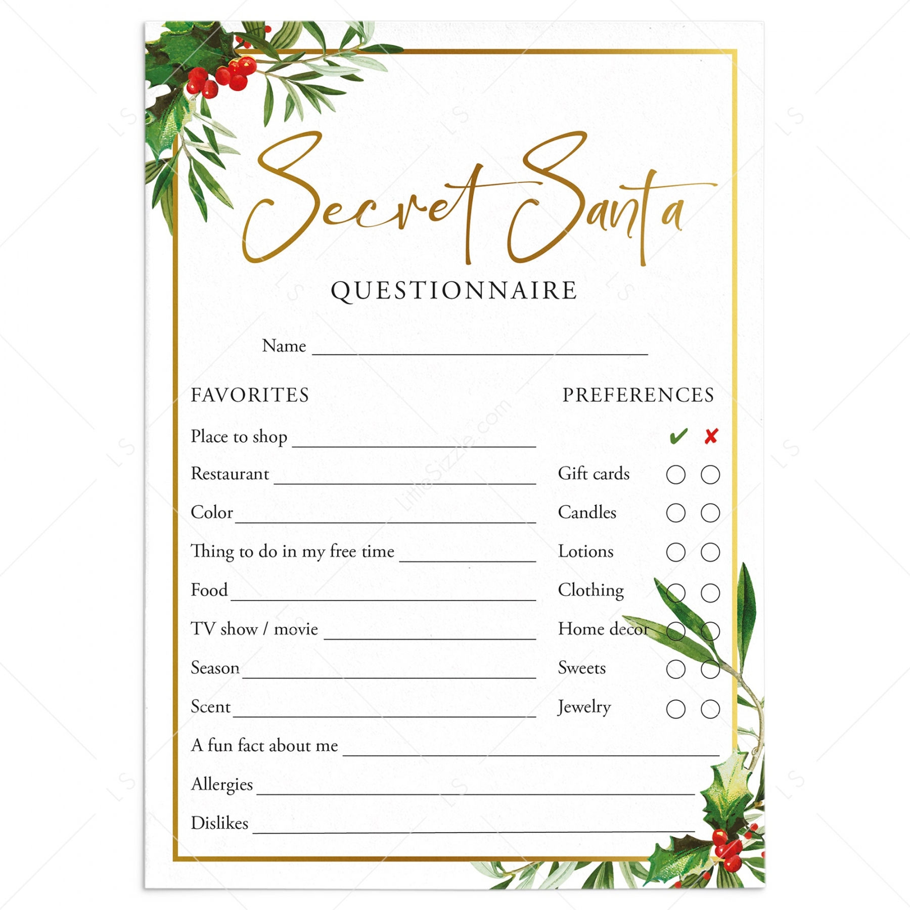 Secret Santa Questionnaire Free Printable FREE Printable HQ