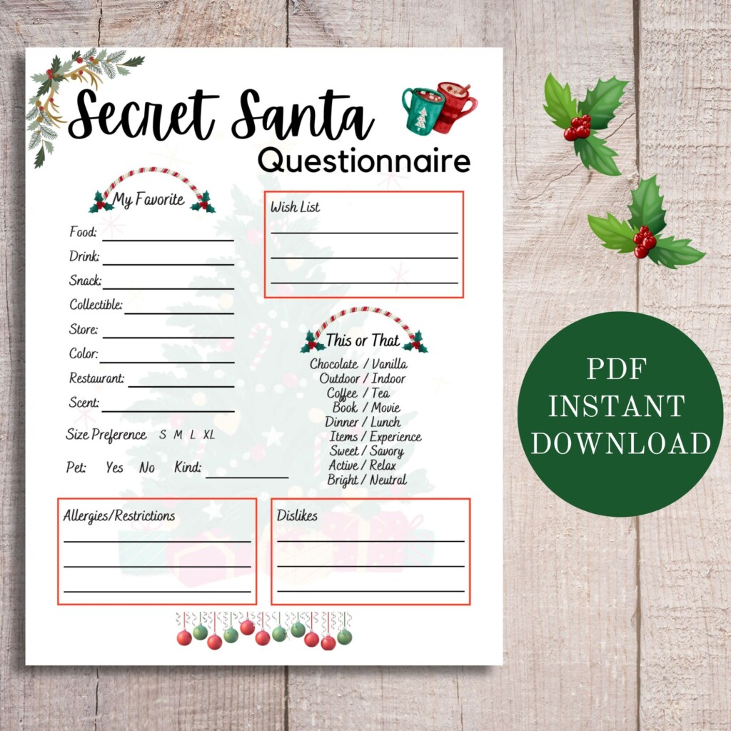 Secret Santa Questionnaire Printable Christmas Gift Exchange Gift 