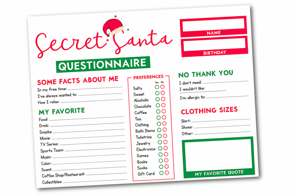 Secret Santa Questionnaire Printable Dev onallcylinders