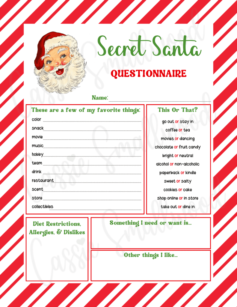 Secret Santa Questions Printable Free