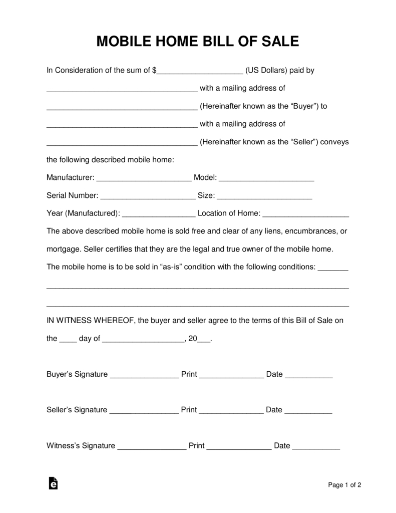 Template Free Printable Manufactured Mobile Home Bill Of Sale Free 