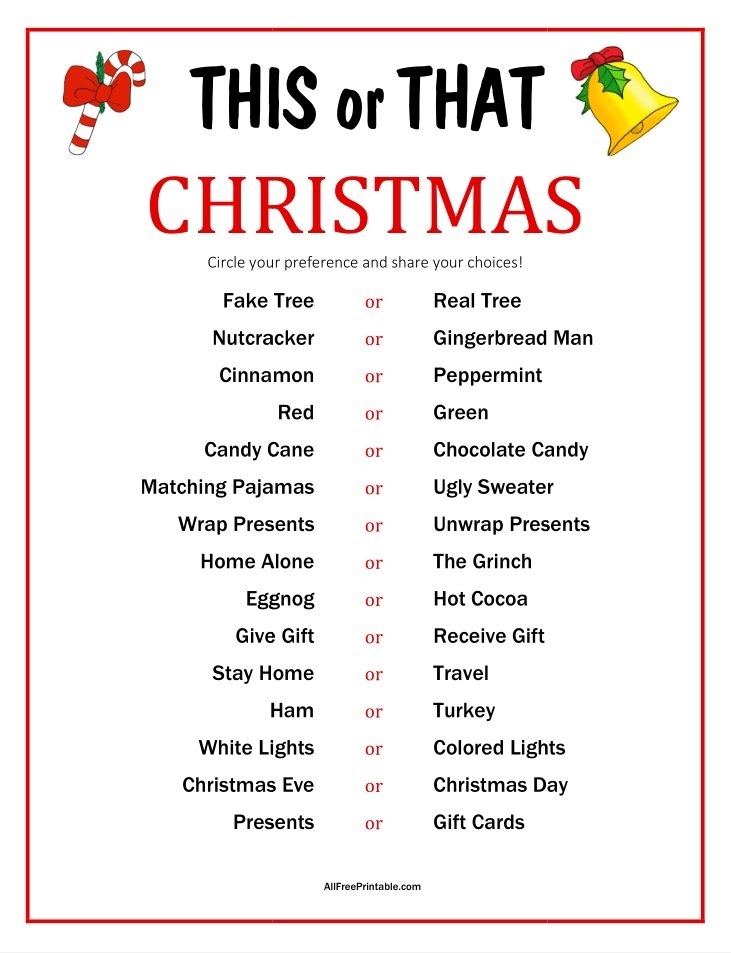 This Or That Christmas Game Free Printable