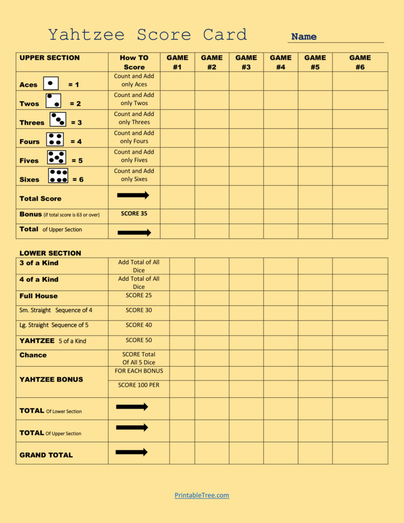 Yahtzee Score Card Pdf Free Printable Infoupdate