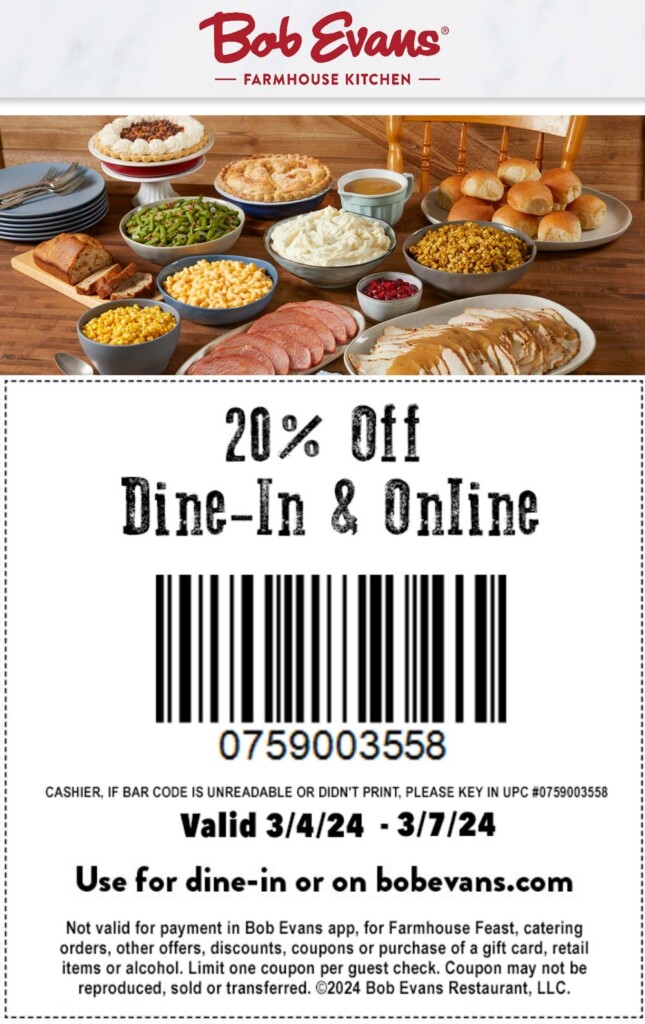 20 Off At Bob Evans Restaurants Or Online Via Promo Code 759003558 Bob Evans September 2025 Coupons Promo Codes Deals 