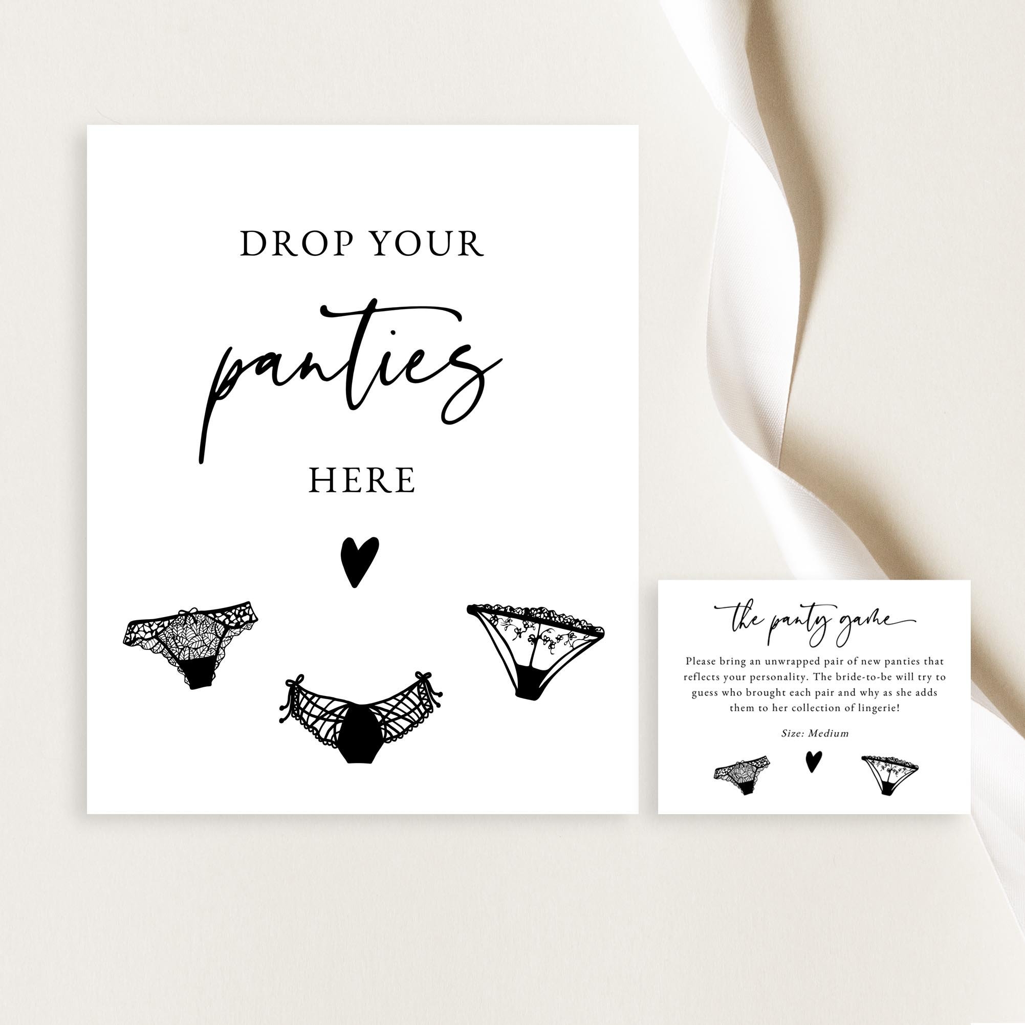 Drop Your Panties Here Sign And Card The Panty Game Lingerie Shower Game Bachelorette Party Game Bridal Shower Lingerie Game Templett C4 Etsy