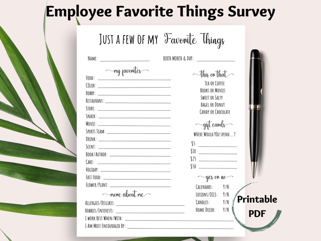 Employee Favorite Things Survey Coworker Questions Printable All About Me Questionnaire Employee Favorites List Staff Appreciation Etsy