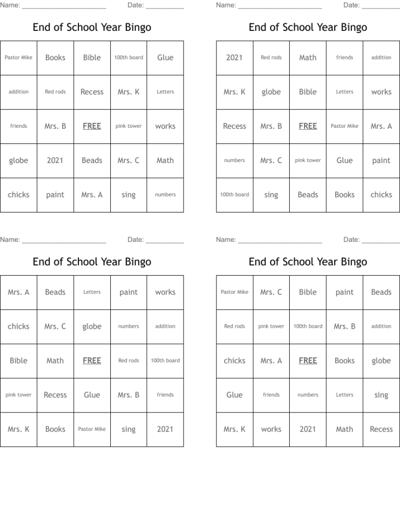 End Of School Year Bingo WordMint