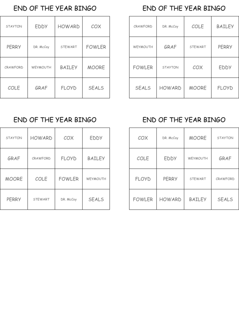 END OF THE YEAR BINGO WordMint