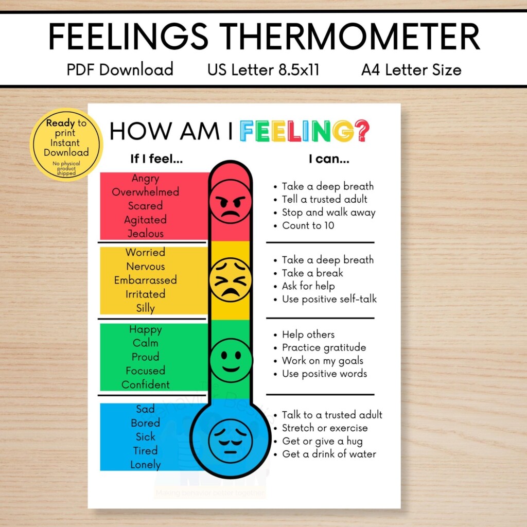 Feelings Thermometer Printable Emotion Regulation Chart Classroom SEL Poster Etsy