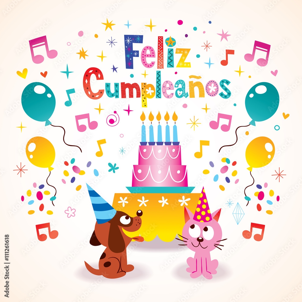 Feliz Cumpleanos Happy Birthday In Spanish Greeting Card Stock Vector Adobe Stock