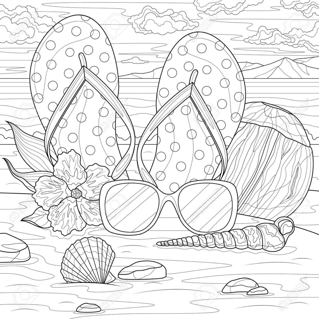 Flip Flops Sunglasses And Seashells On The Beach Coloring Book Antistress For Children And Adults Royalty Free SVG Cliparts Vectors And Stock Illustration Image 186448929 