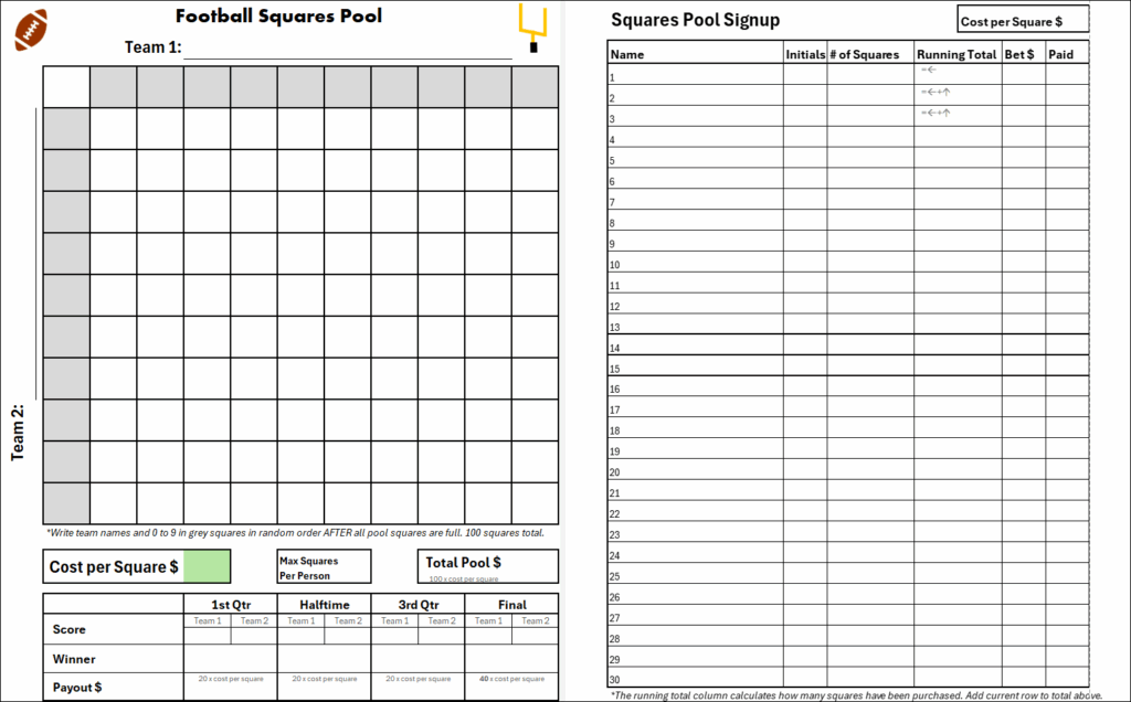 Football Squares Pool Free Downloads For PDF Excel Google Sheets Excel Campus
